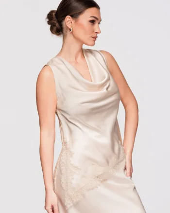 LARICA Bluza de dama eleganta, tip Cascada, din Satin cu Dantela, Croiala Lejera, Bej