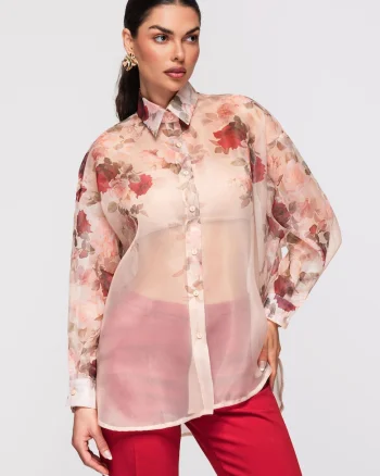 Camasa semitransparenta model floral  OW-SH-E0028, Bej