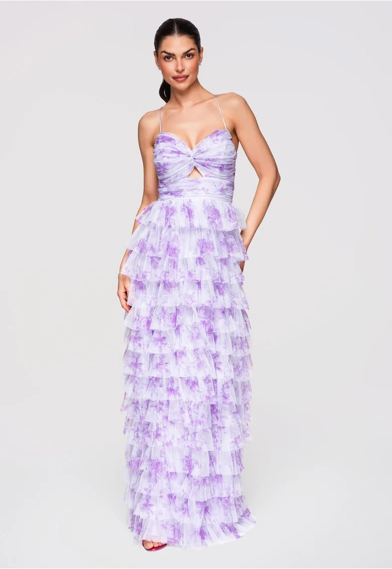 LARICA Rochie Maxi de Seara, Tulle Stratificat, Croiala Evazata cu Spatele Gol, Mov