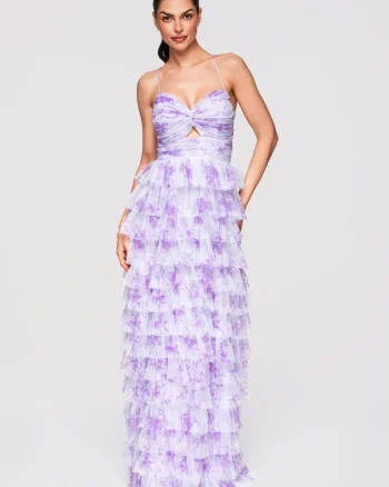 LARICA Rochie Maxi de Seara, Tulle Stratificat, Croiala Evazata cu Spatele Gol, Mov