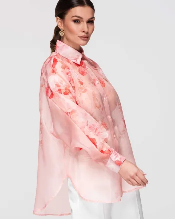 Camasa semitransparenta model floral  OW-SH-E0028, Roz