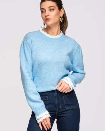 Pulover din amestec de lana  OW-SWSW-0105, Albastru