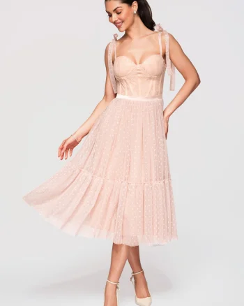 Rochie midi evazata cu corset si bretele reglabile, din tul cu aplicatii, Nude