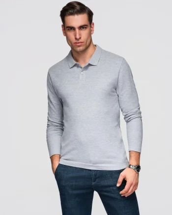 Bluza longsleeve cu guler polo  OM-POBL-0162, Gri melange