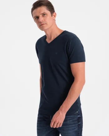 Tricou barbati casual cu decolteu in V bumbac elastic, Bleumarin