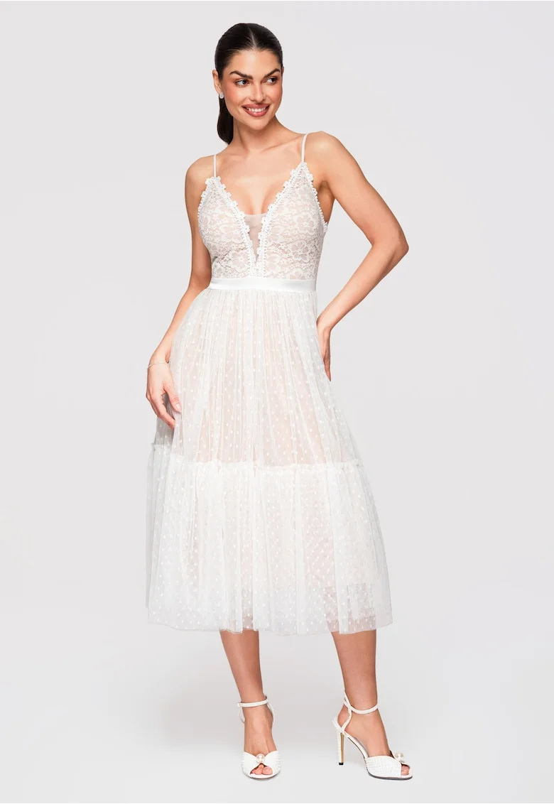 LARICA Rochie midi evazata cu dantela si tul, ideala pentru ocazii speciale, Alb