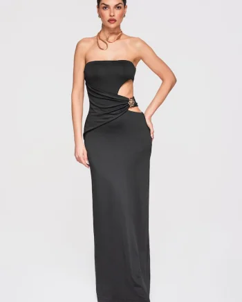 LARICA Rochie Maxi de Seara Eleganta, Croiala Tip Coloana, Material Elastic, Negru
