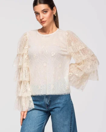 Bluza cu volane  OW-TS-E0008, Ecru