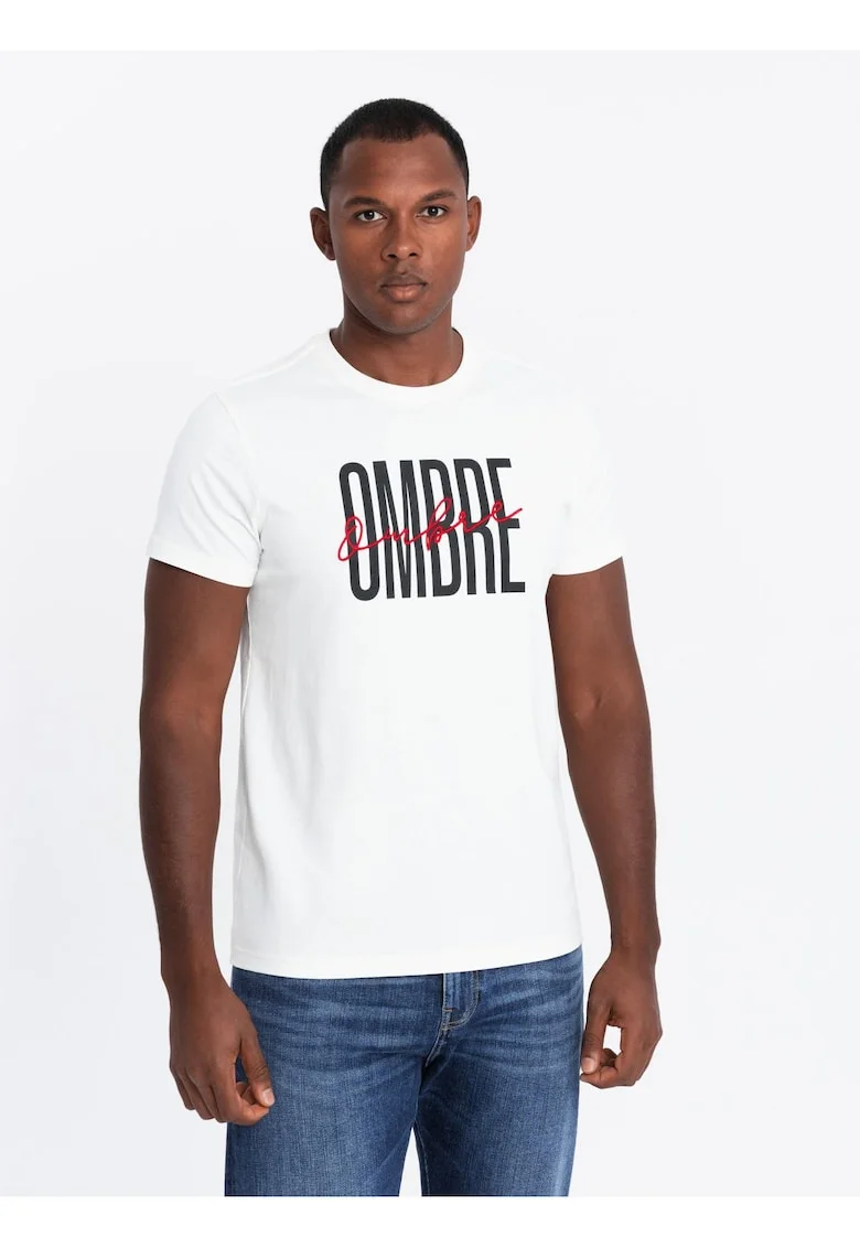 Tricou barbati cu imprimeu logo bumbac regular fit, Alb