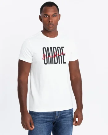 Tricou barbati cu imprimeu logo bumbac regular fit, Alb