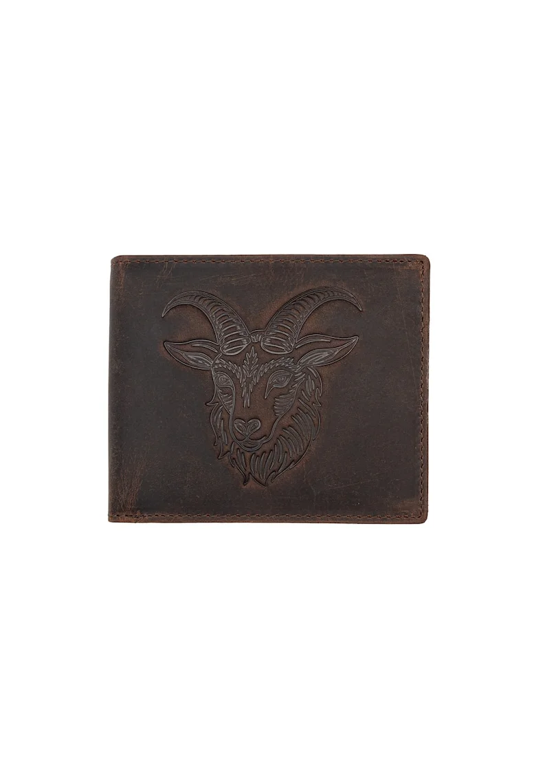 Portofel barbati din piele naturala maro zodiac Capricorn, 10 x 12 x 2 cm