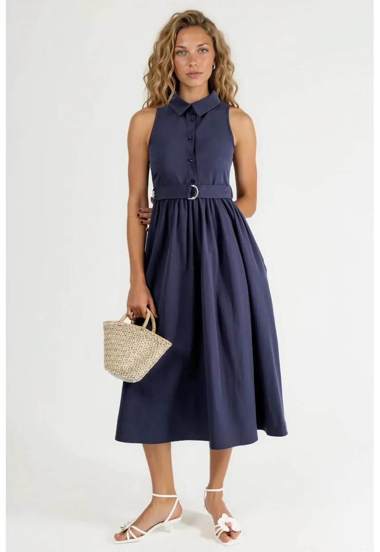 Rochie midi,  decolteu in V, cu cordon, bleumarin, poliester-bumbac