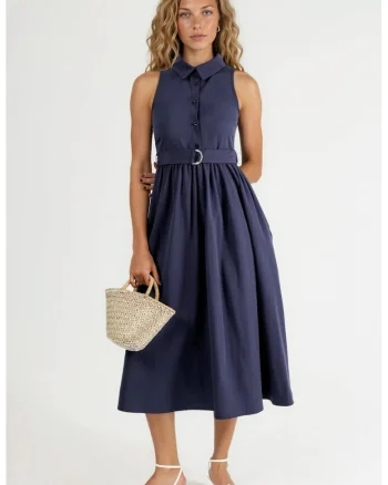 Rochie midi,  decolteu in V, cu cordon, bleumarin, poliester-bumbac