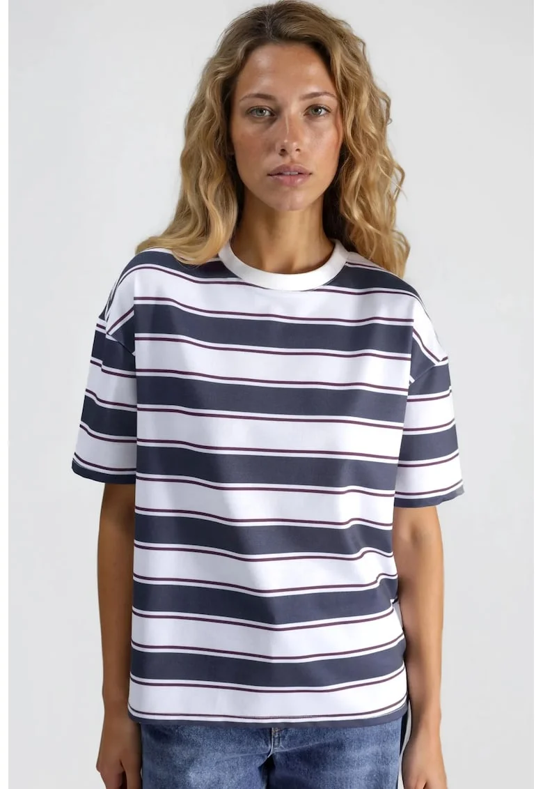 Tricou dama,  cu guler rotund, dungi, multicolor, bumbac si poliester