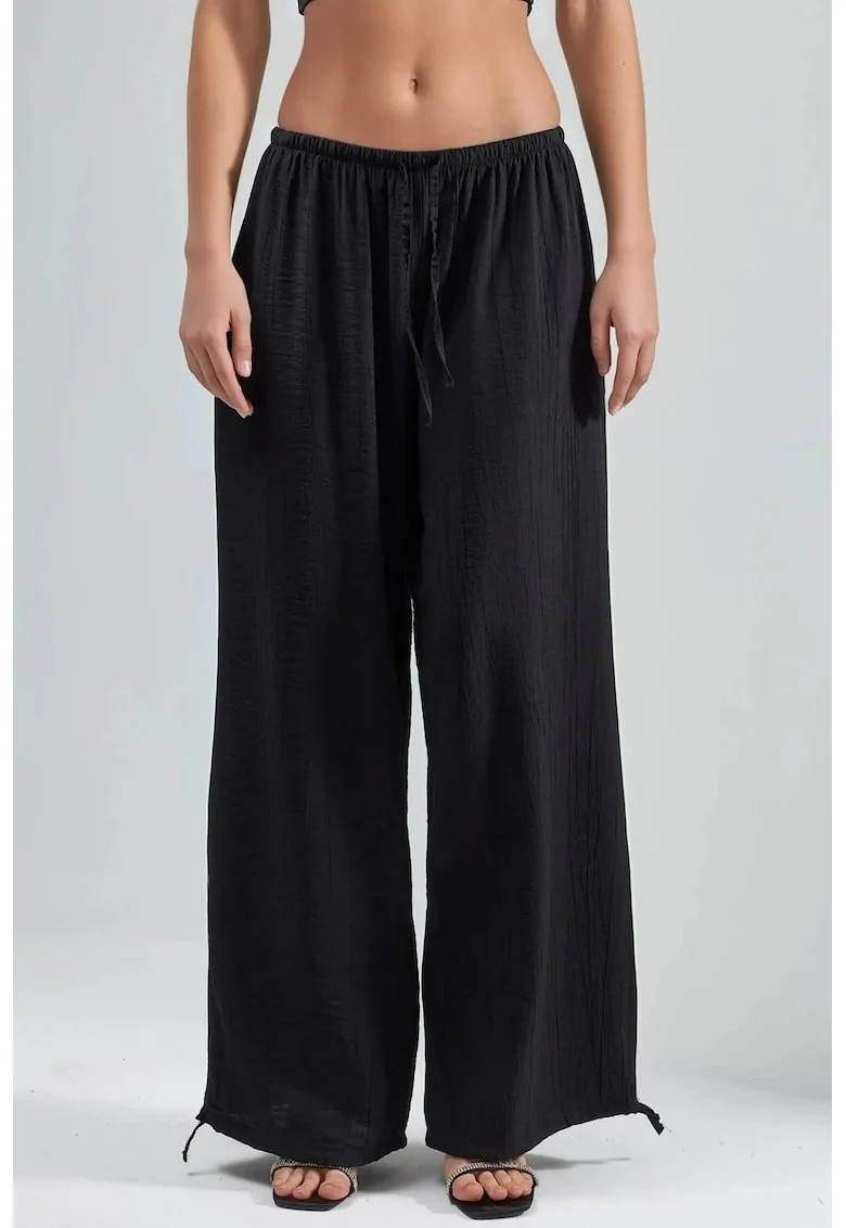 Pantaloni dama  talie elastica, cu snur, negru, poliester