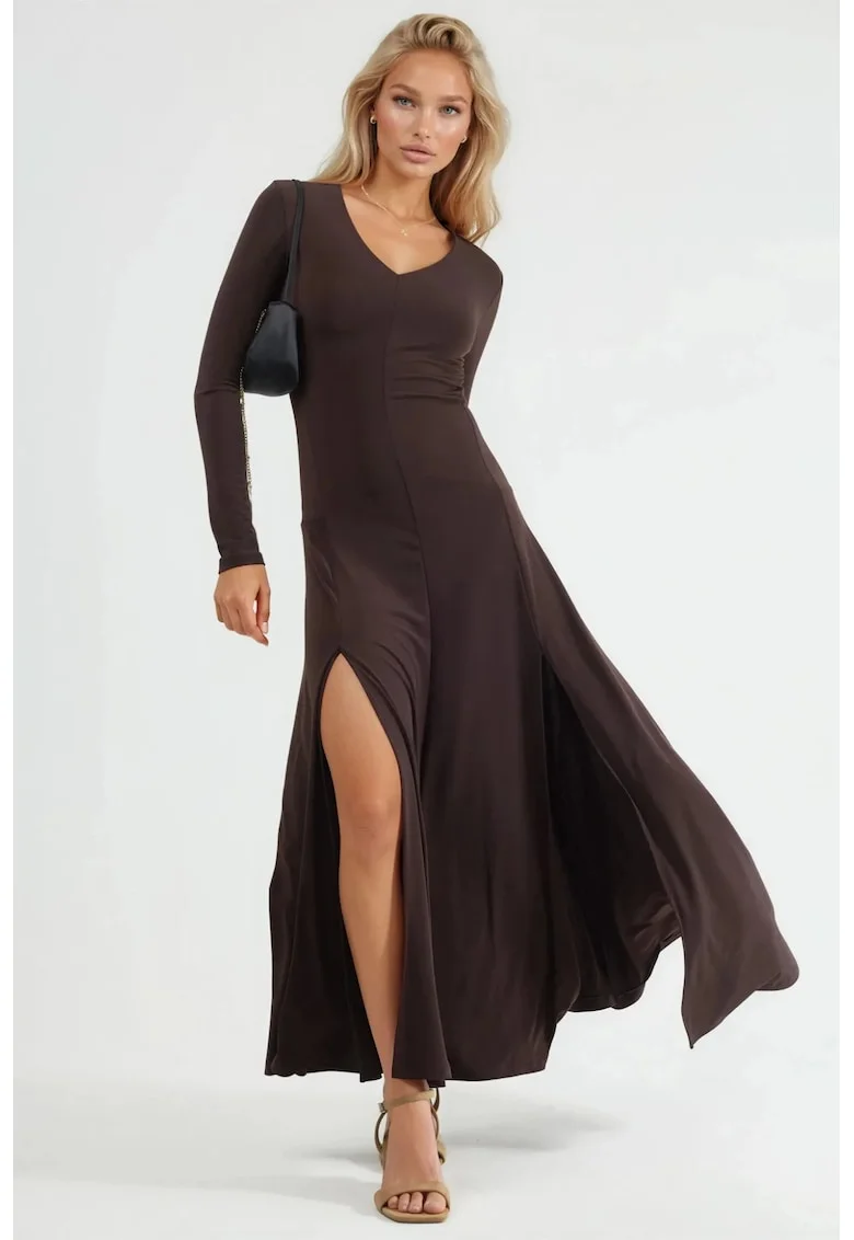 Rochie Maxi dama  doua slituri, maro, poliester-lycra