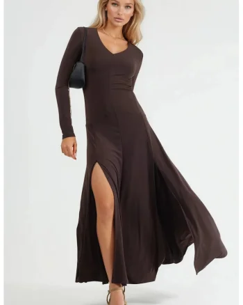 Rochie Maxi dama  doua slituri, maro, poliester-lycra
