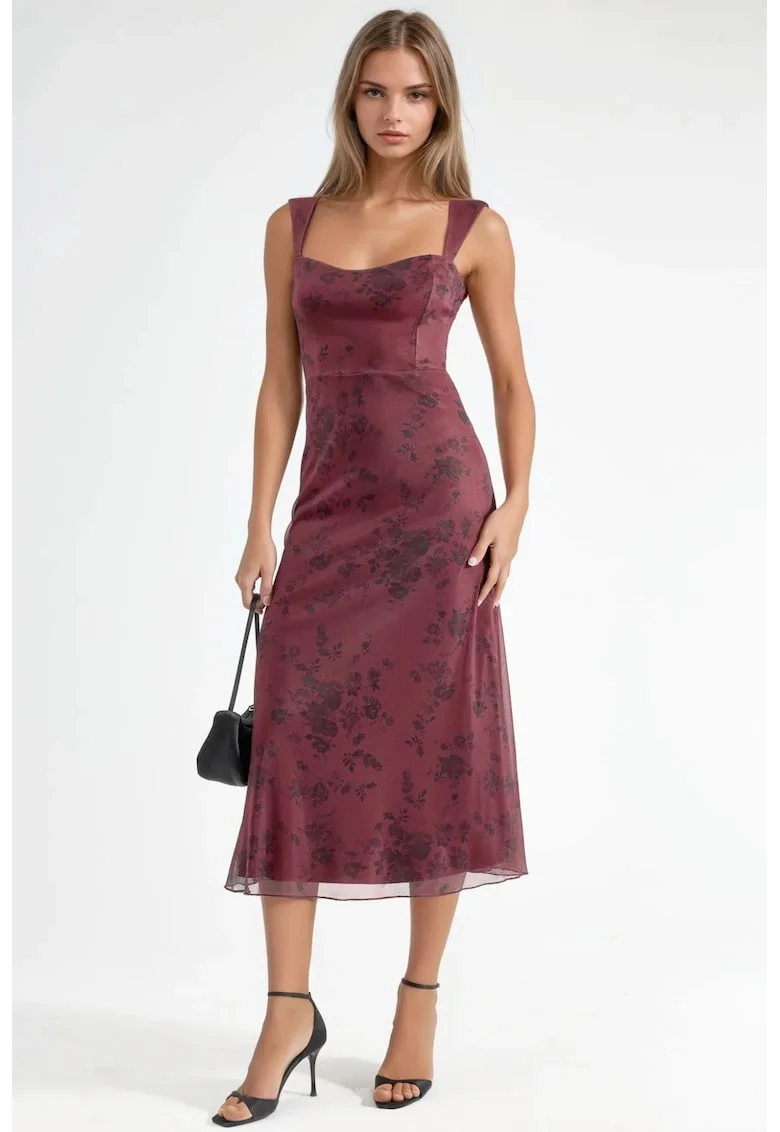 Rochie midi,  Guler inima, Rosu, Jerseu