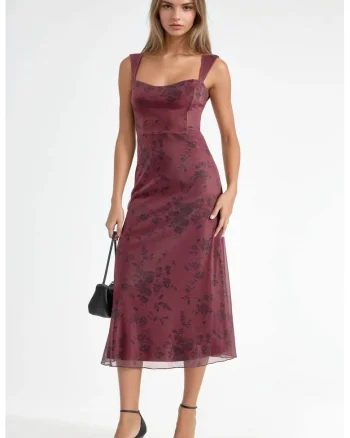 Rochie midi,  Guler inima, Rosu, Jerseu