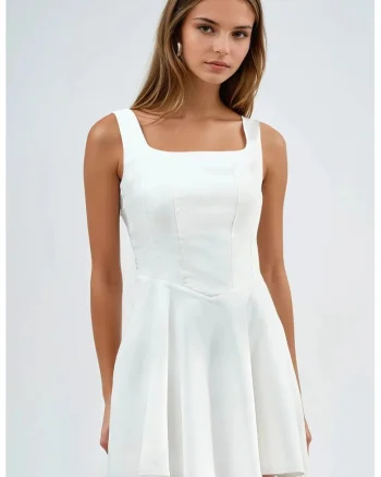 Rochie mini,  guler patrat, alb, poliester-bumbac-elastan