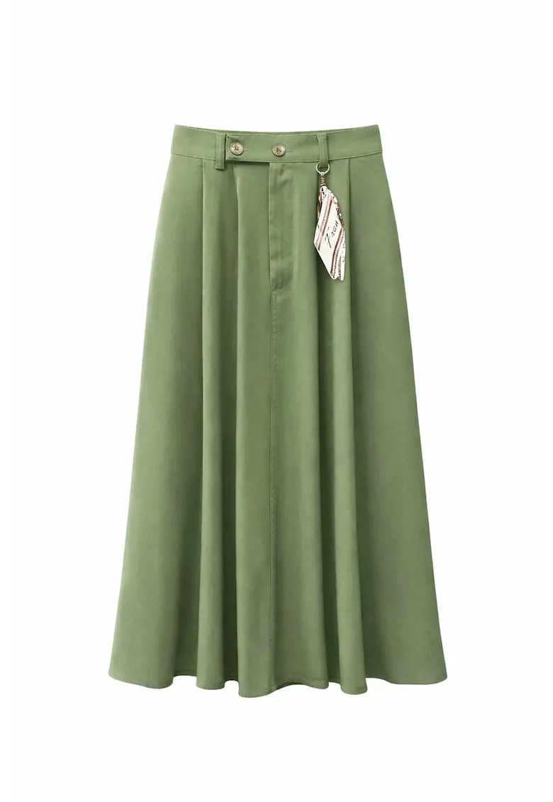 Fusta Midi,  talie inalta, verde, poliester
