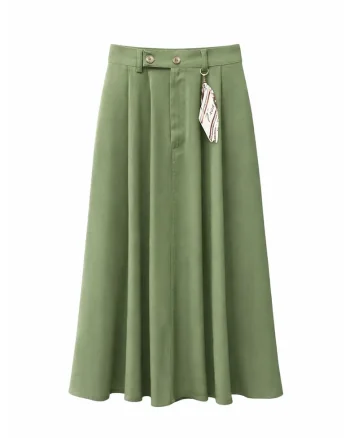 Fusta Midi,  talie inalta, verde, poliester