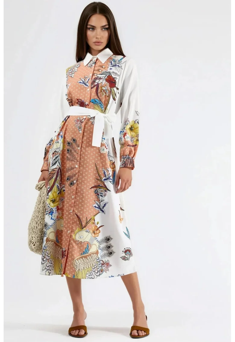 Rochie maxi,  florala, cu guler de camasa, multicolor