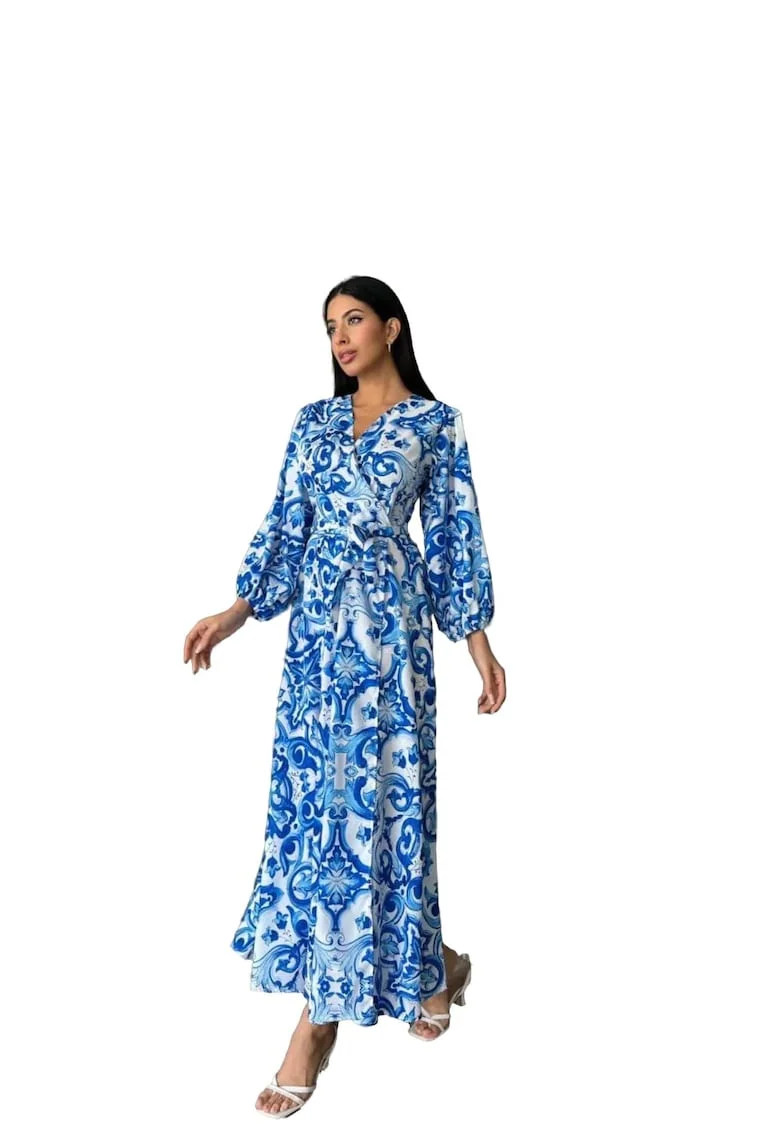 Rochie Maxi,  Imprimata, Albastru, Poliester/Lycra