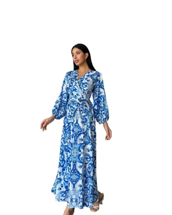 Rochie Maxi,  Imprimata, Albastru, Poliester/Lycra
