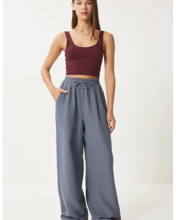 Pantaloni dama, Happiness Istanbul, talie cu snur, gri, bumbac