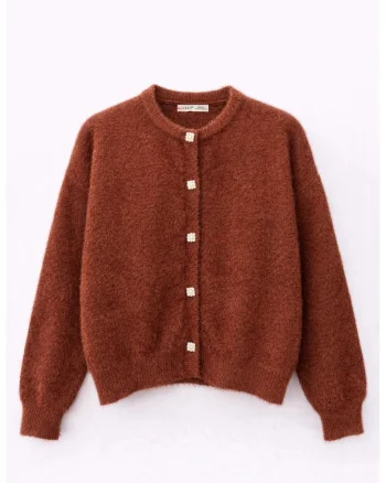 Cardigan dama,  supradimensionat, cu nasturi, maro, poliester, One Size