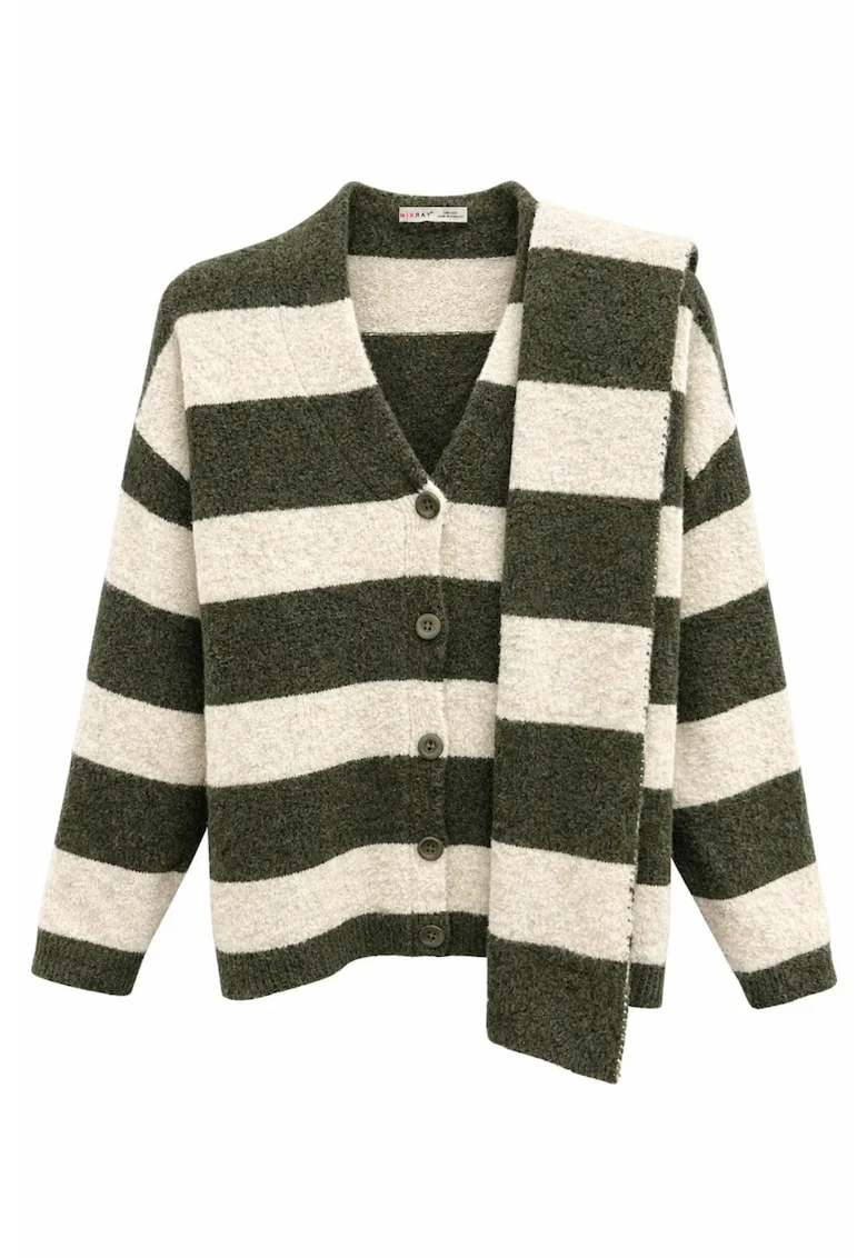 Set cardigan si fularTricotat,  Dungi, Verde Kaki, 100% poliester, One Size