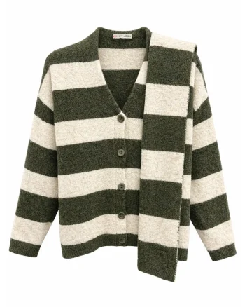 Set cardigan si fularTricotat,  Dungi, Verde Kaki, 100% poliester, One Size