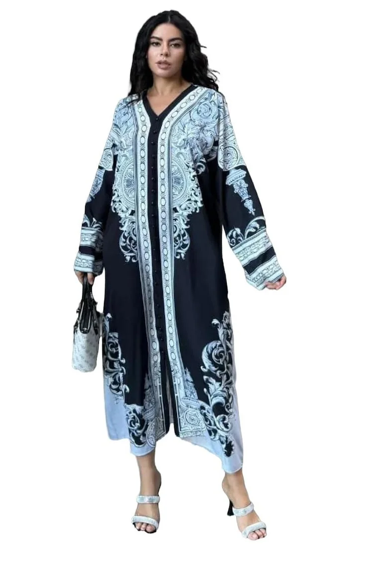 Rochie maxi,  imprimeu, negru, poliester-bumbac