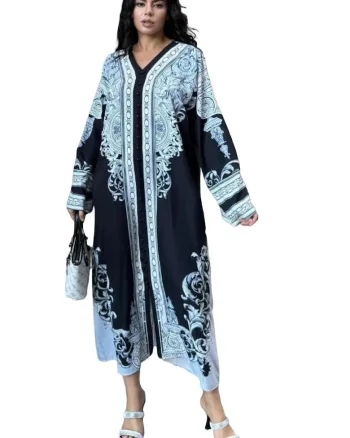 Rochie maxi,  imprimeu, negru, poliester-bumbac