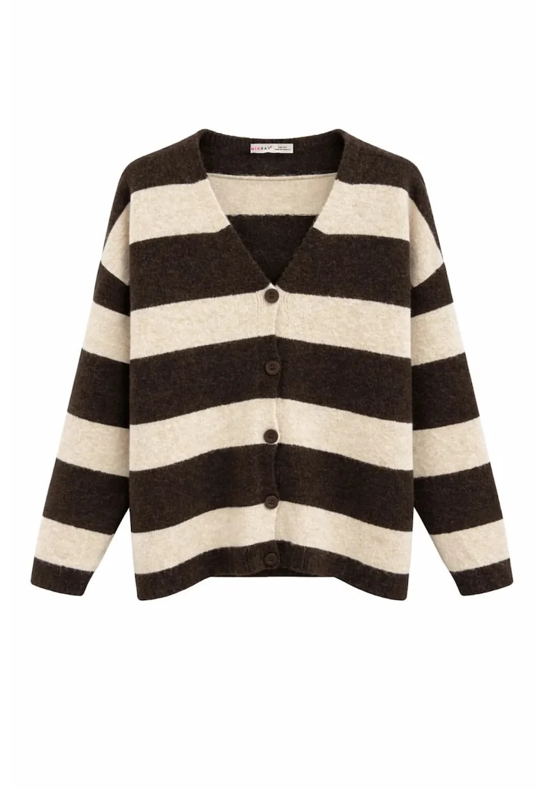 Cardigan tricotat,  cu dungi, maro, poliester,