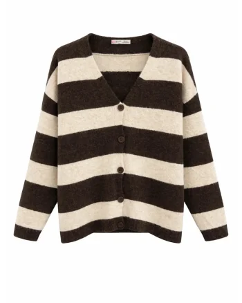 Cardigan tricotat,  cu dungi, maro, poliester,