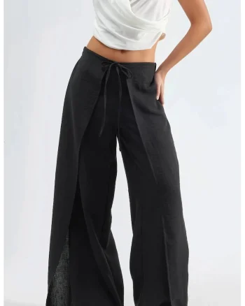 Pantaloni dama  din crep, talie cu snur, negru, poliester