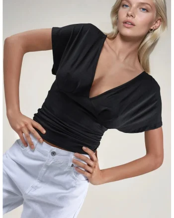 Tricou dama,  decolteu in V, negru, slim fit