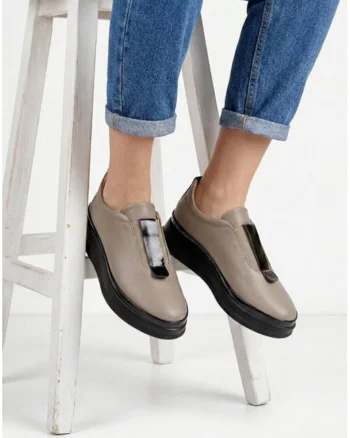 Pantofi dama taupe cu negru din piele naturaladwqfwq, Maro taupe
