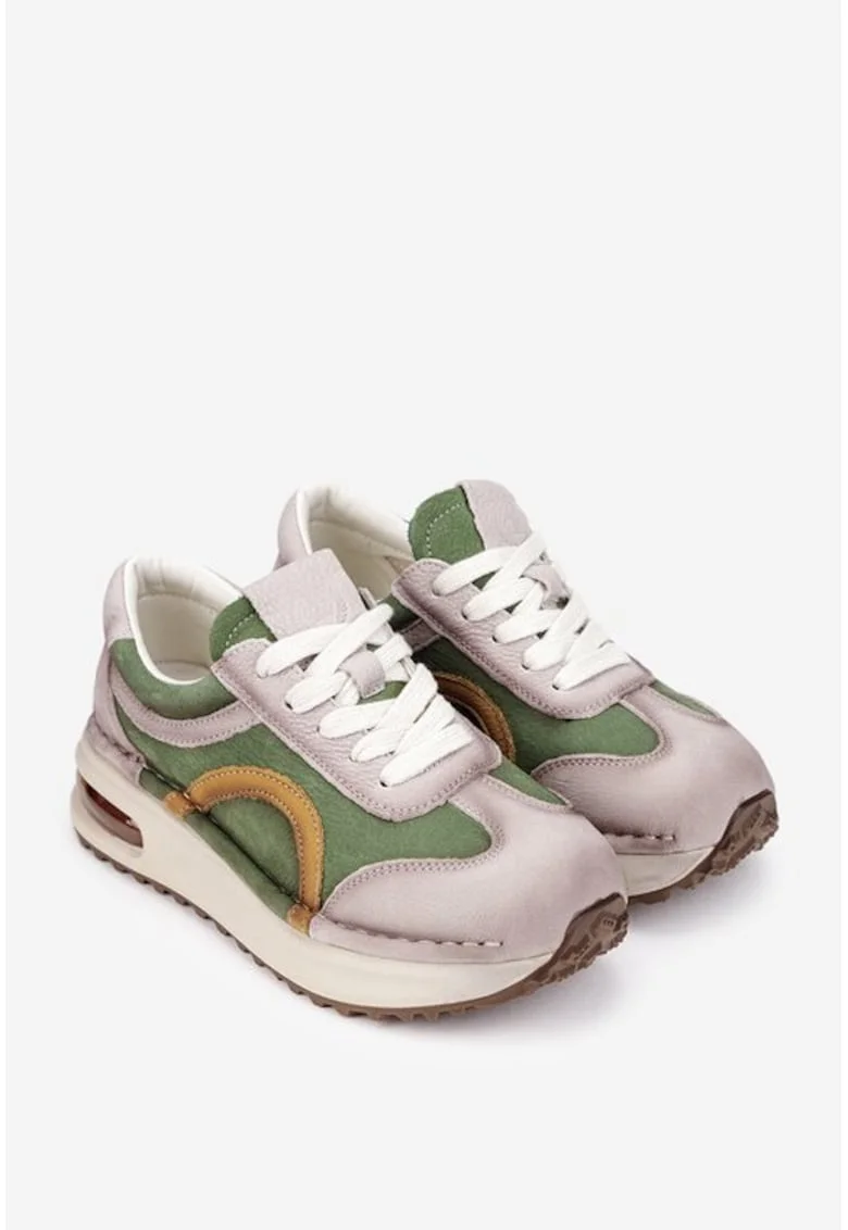 Pantofi dama  din piele bej cu verde
