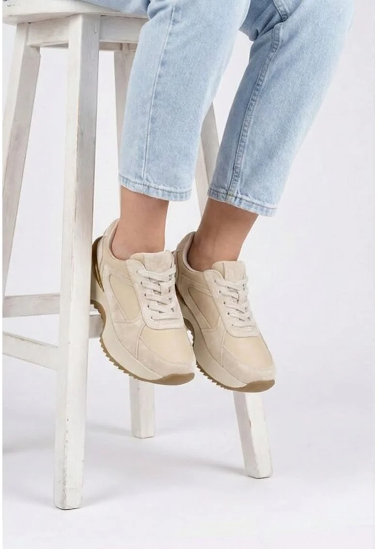 Pantofi dama  bej din piele intoarsa si material textil