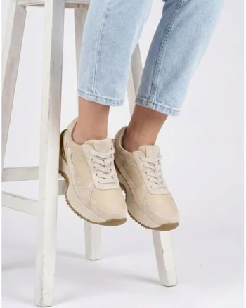 Pantofi dama  bej din piele intoarsa si material textil