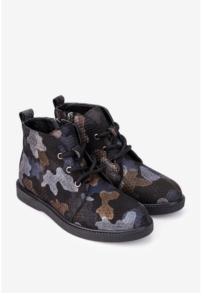 Ghete dama negre din piele cu imprimeu multicolor