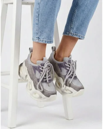 Pantofi dama  gri cu mov din piele intoarsa si material textil