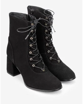 Botine dama negre din piele intoarsa cu toc