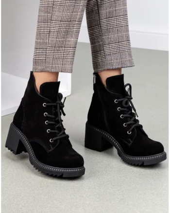 Botine dama negre din piele intoarsa cu toc gros, Negru