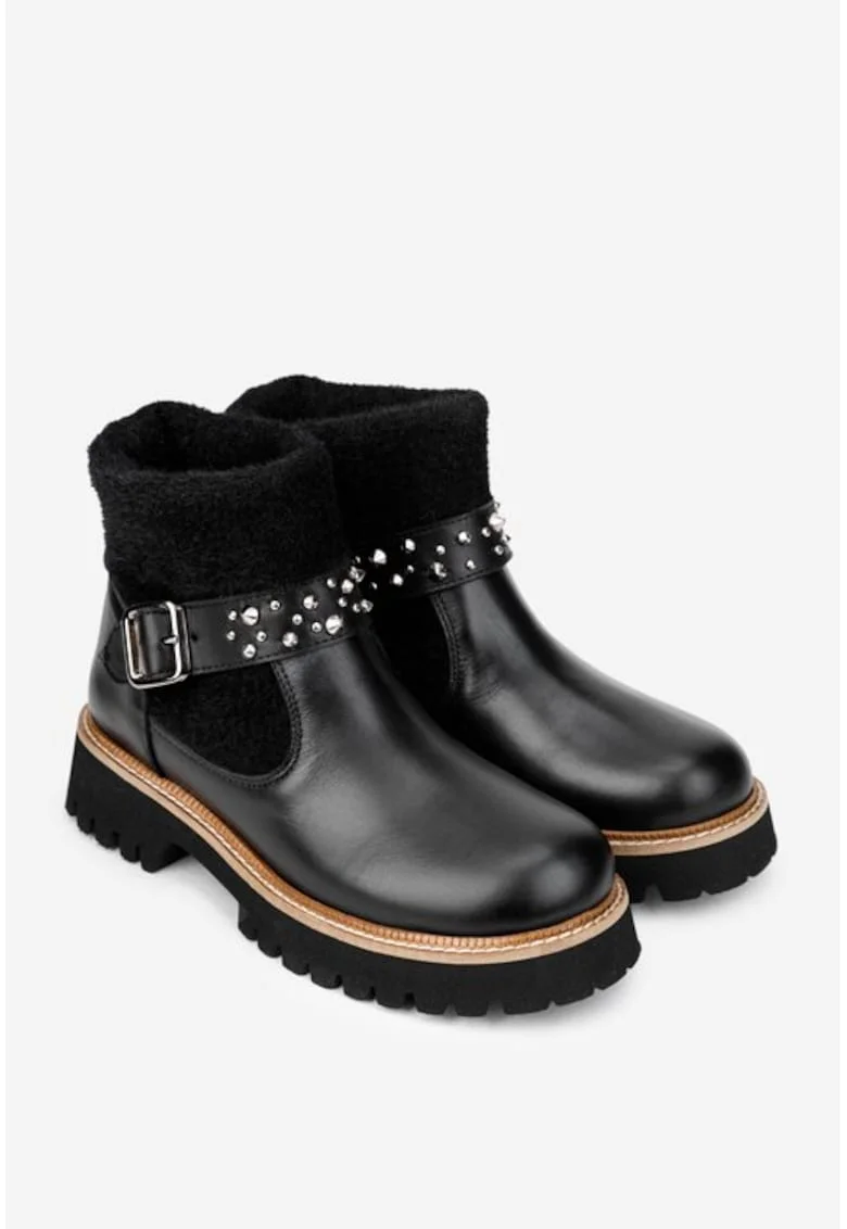 Ghete dama  negre din piele naturala si material textil