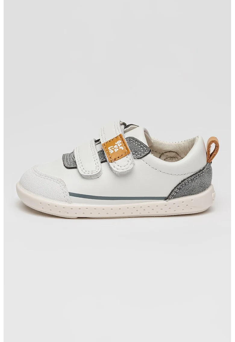 Pantofi sport de piele si piele intoarsa cu velcro, Alb optic/Gri inchis