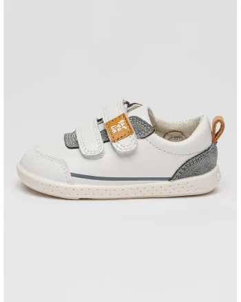 Pantofi sport de piele si piele intoarsa cu velcro, Alb optic/Gri inchis